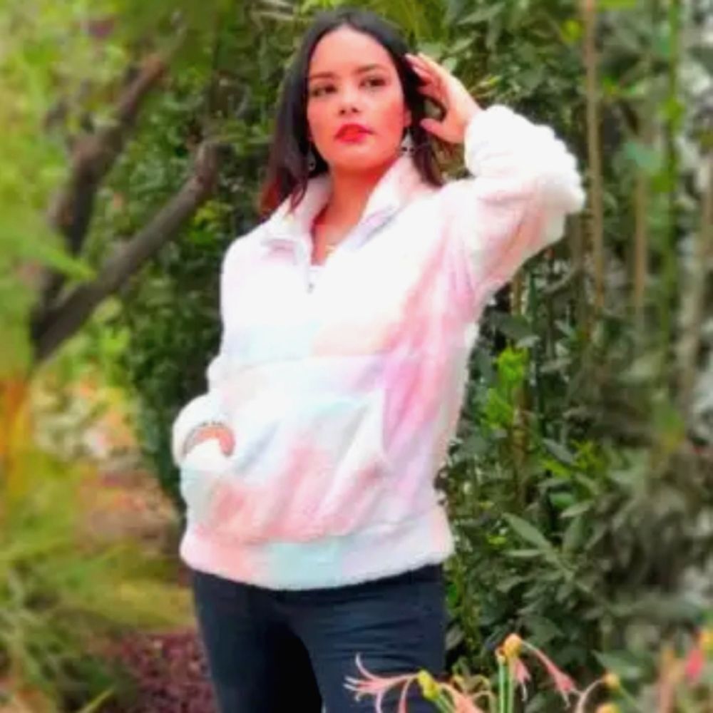 Pink, Orange, Blue Furry Pullover Jacket, Zipper Neckline, Handwarmers, Large